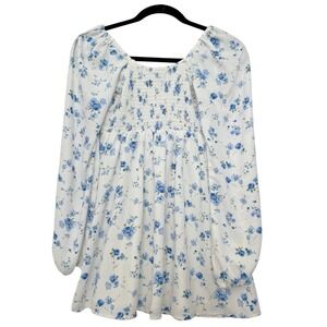 Hollister Women's Mini Dress Smocked Long Sleeve Babydoll XS White Blue Floral